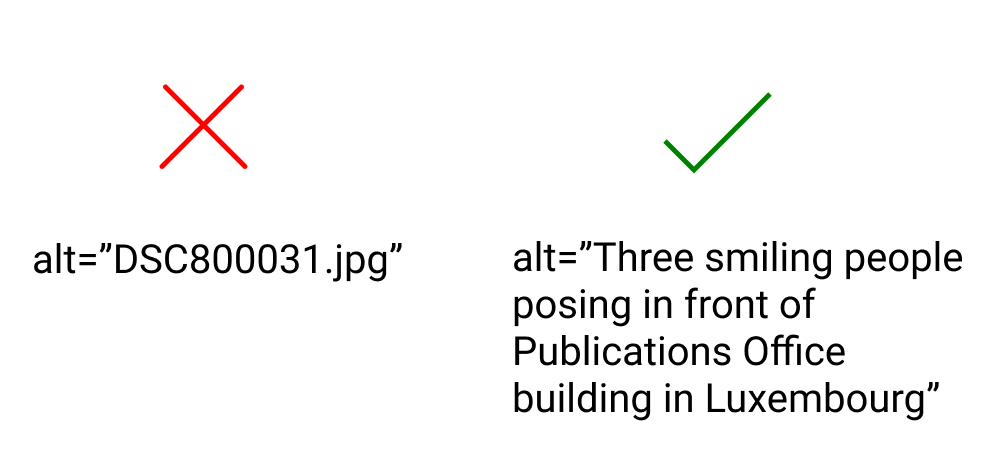 negative icon for alternative text'DSC800031.jpg'and positive icon for alternative text 'Three smiling people posing in front of Publications Office building in Luxembourg'